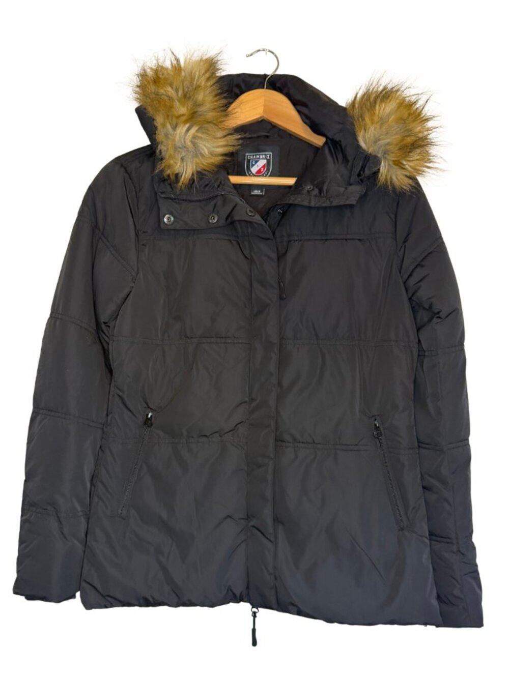 Chamonix Black Puffer Ski Jacket Faux Fur Hood Size Small